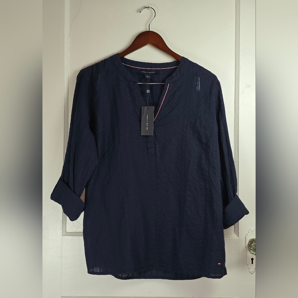 NWT Tommy Hilfiger Nautical Preppy Navy Blue Blouse Large